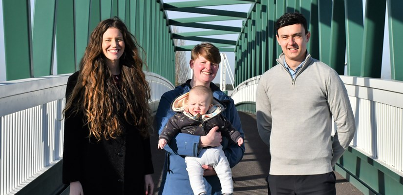 From left to right: Terri Seel, Esther Redpath with baby and Adam Gallis on the new A45 footbridge From left to right: Terri Seel, Esther Redpath with baby and Adam Gallis on the new A45 footbridge