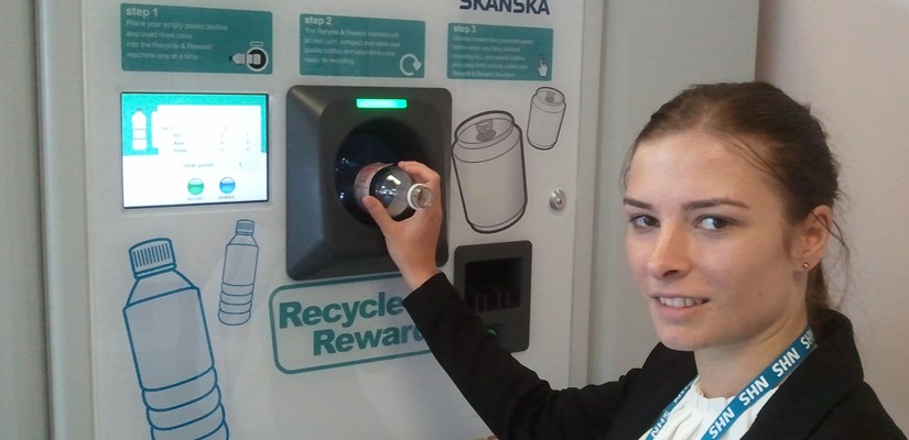 Catherine Burrows, Skanska’s Environmental Waste Manager, uses the ReVend machine at Whipps Cross University Hospital. Catherine Burrows, Skanska’s Environmental Waste Manager, uses the ReVend machine at Whipps Cross University Hospital.